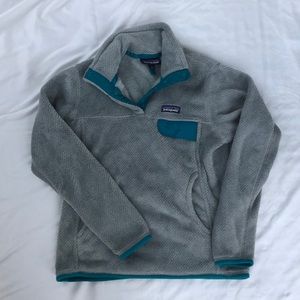Gray and teal fuzzy Patagonia pullover